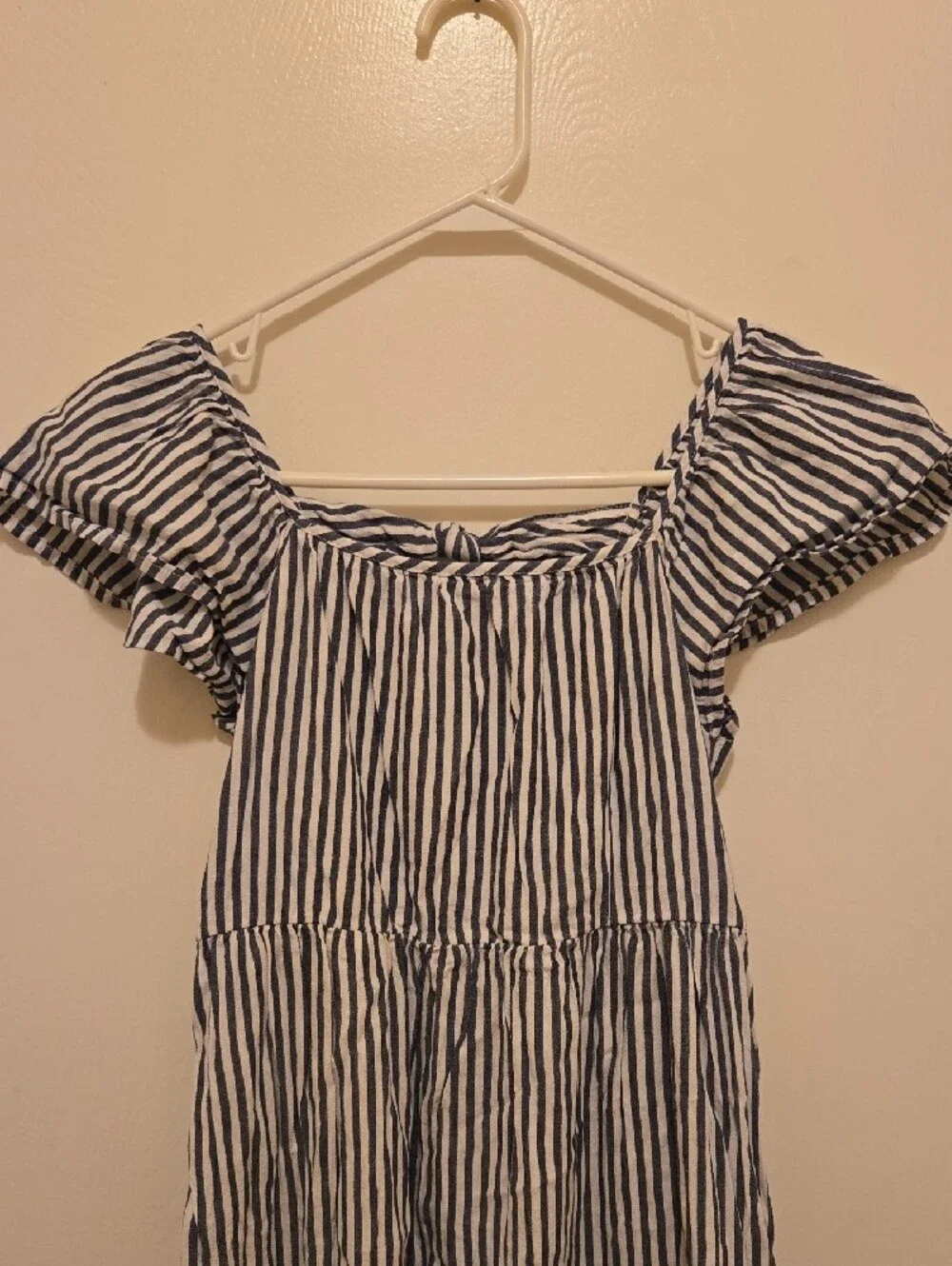 Girl's Old Navy Blue and White Striped Off-Shoulder Tiered Dress.